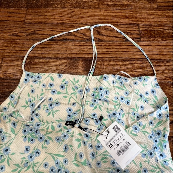 ZARA NWT Women's Cream w Blue Green Floral Slip Dress Straps Cut Out Back Size M - Picture 2 of 6